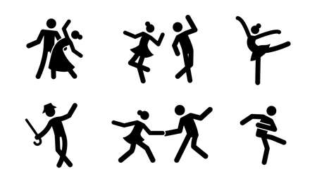 ..Pictogram dancer stick figure icon set. Black pictogram party dancing people, tango couple, ballet woman. Vector illustration.のイラスト素材