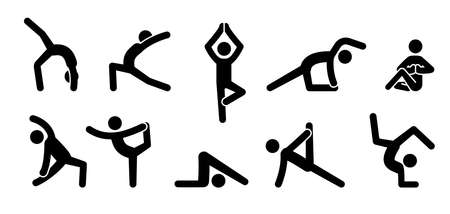 Yoga pictogram icon people. Yoga pose, meditate practice, sport exercise pictogram man set. Health, meditate symbol. Vector illustration.のイラスト素材