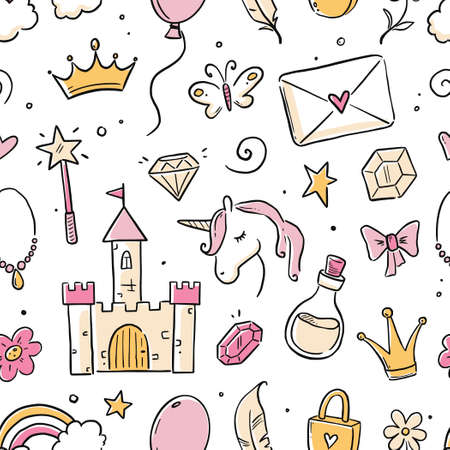 Hand drawn princess doodle seamless pattern. Beauty pattern with cute girl princess accessories, fairy unicorn, castle. Doodle background, wallpaper. Vector illustration.のイラスト素材