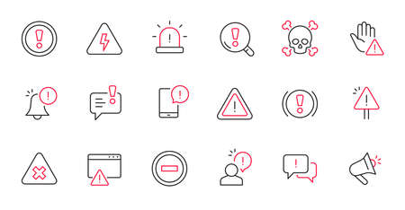 Alert, risk sign line icon set. Caution, warning, exclamation mark thin editable line stroke icon. Alert information, accident notification vector illustration.のイラスト素材