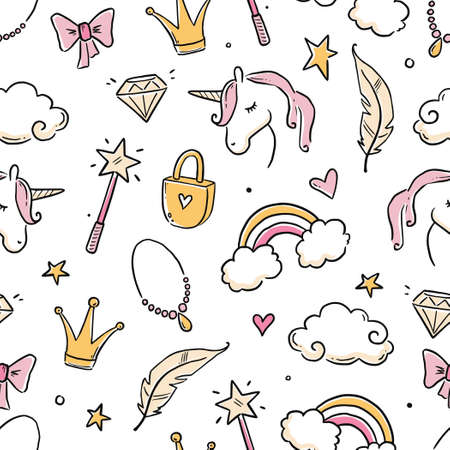 Hand drawn princess doodle seamless pattern. Beauty pattern with cute girl princess accessories, fairy unicorn, castle. Doodle background, wallpaper. Vector illustration.のイラスト素材