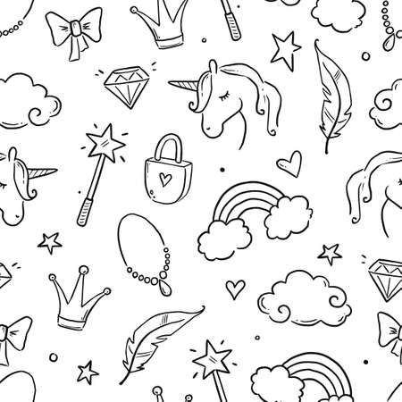 Hand drawn princess doodle seamless pattern. Beauty pattern with cute girl princess accessories, fairy unicorn, castle. Doodle background, wallpaper. Vector illustration.のイラスト素材