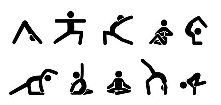 Yoga pictogram icon people. Yoga pose, meditate practice, sport exercise pictogram man set. Health, meditate symbol. Vector illustration.のイラスト素材
