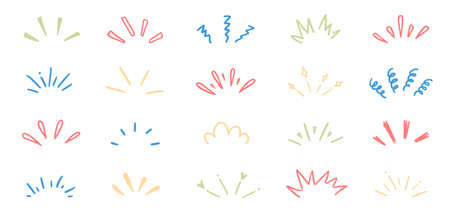 Doodle pop surprise line elements. Hand drawn shine sunburst ray frame for title headline illustration. Doodle vector illustration.のイラスト素材