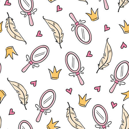 Hand drawn princess doodle seamless pattern. Beauty pattern with cute girl princess accessories, fairy unicorn, castle. Doodle background, wallpaper. Vector illustration.のイラスト素材