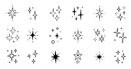 Line star glitter shine of doodle set. Star shine glow, spark glitter, sparkle light vector illustration. Hand drawn sketch doodle style..のイラスト素材