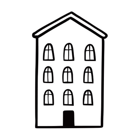 Doodle building. Hand drawn sketch style home. House building with window, roof. Vector illustration for building icon.のイラスト素材