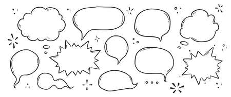 Hand drawn speech bubble set. Sketch comic doodle style speech bubble for text quote. Doodle outline dialog balloon. Vector illustration.のイラスト素材