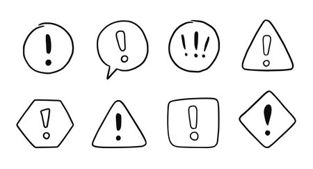Hand drawn exclamation mark, alert sign set. Scribble doodle exclamation point, warning, hazard sign. Hand drawn sketch danger information sign. Vector illustration.のイラスト素材