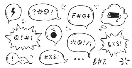 Swear word speech bubble set. Curse, rude, swear word for angry, bad, negative expression. Hand drawn doodle sketch style. Vector illustrationのイラスト素材
