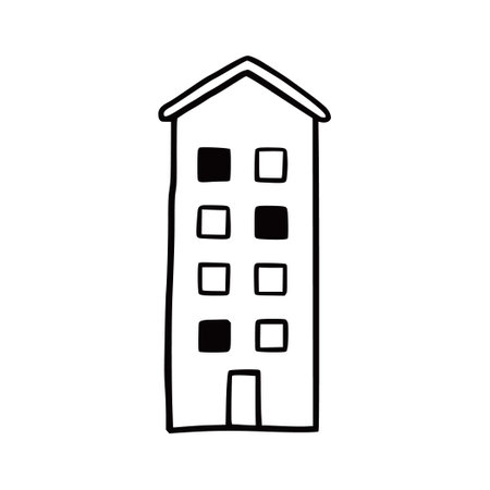 Doodle building. Hand drawn sketch style home. House building with window, roof. Vector illustration for building icon.のイラスト素材