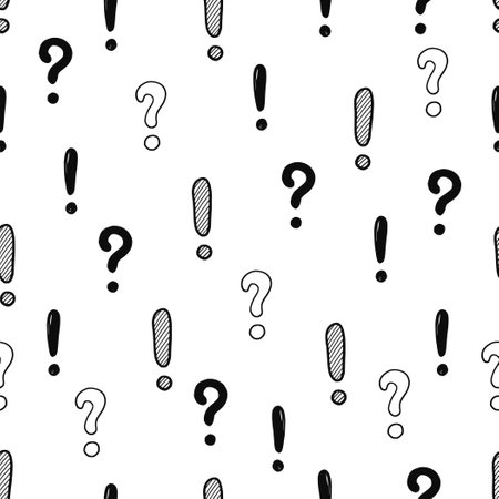 Hand drawn exclamation, question mark seamless pattern. Scribble doodle exclamation point sign background. Hand drawn sketch danger pattern. Vector illustration.のイラスト素材