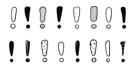 Hand drawn exclamation mark set. Scribble doodle exclamation point sign. Hand drawn sketch danger information sign. Vector illustration.のイラスト素材