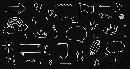 Line frame, sparkle, ribbon hand drawn doodle chalkboard element set. Party, decoration star, heart element doodle sketch collection. Isolated vector illustration.のイラスト素材