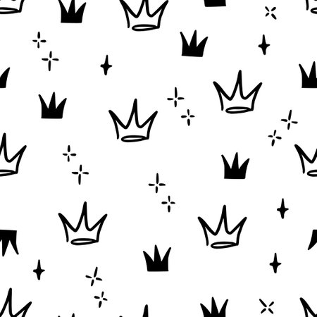 Doodle crown hand drawn seamless pattern. Doodle princess crown, queen tiara pattern. Line sketch royal background. Queen, king hand drawn simple background, wallpaper. Vector illustration.のイラスト素材