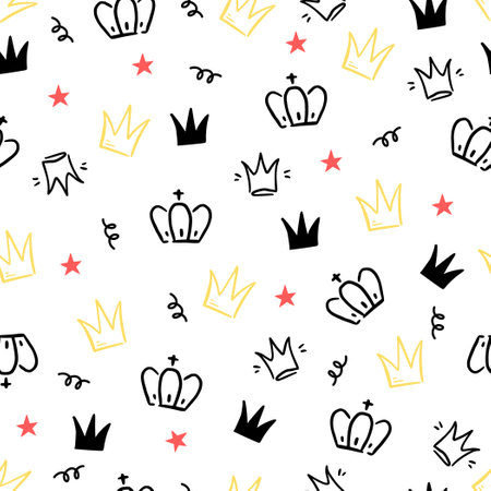 Doodle crown hand drawn seamless pattern. Doodle princess crown, queen tiara pattern. Line sketch royal background. Queen, king hand drawn simple background, wallpaper. Vector illustration.のイラスト素材