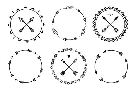 Boho arrow circle frame set. Hand drawn doodle african, aztec rustic ethnic arrow border, ornament circle frame. Tribal boho decor design. Vector illustration.のイラスト素材