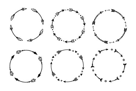 Boho arrow circle frame set. Hand drawn doodle african, aztec rustic ethnic arrow border, ornament circle frame. Tribal boho decor design. Vector illustration.のイラスト素材