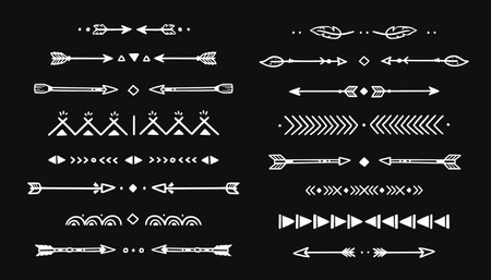 Mexican arrow hand drawn chalkboard element set. African, aztec rustic ethnic arrow, ornament divider. Tribal boho decor design. Vector illustration.のイラスト素材