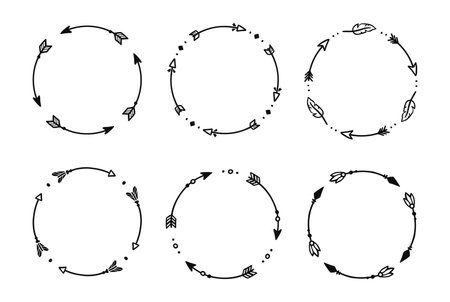 Boho arrow circle frame set. Hand drawn doodle african, aztec rustic ethnic arrow border, ornament circle frame. Tribal boho decor design. Vector illustration.のイラスト素材