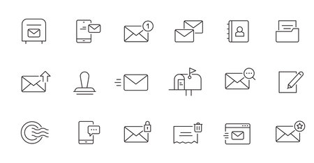 Email line icon set. Letter send, mail contact, message secure editable outline icon. Vector illstration.のイラスト素材