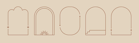 Boho mystic arch frame set. Minimal line style arch, oval shape boho frame with star, geometric element for badge, design. Vector illustration.のイラスト素材
