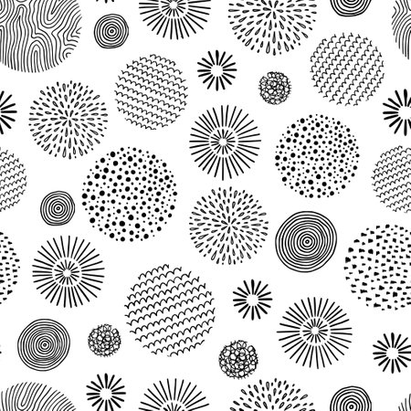 Hand drawn black, white circle seamless pattern. Doodle style abstracrt textured scribble, stripped, dot circle element pattern. Monochrome background. Vector illustrationのイラスト素材