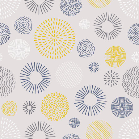 Hand drawn doodle children circle seamless pattern. Doodle style abstracrt textured scribble, stripped, dot circle element pattern. Boho color background. Vector illustrationのイラスト素材