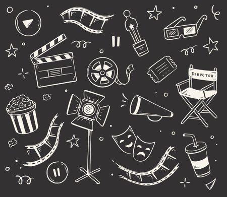 Movie, cinema doodle icon illustration. Doodle hand drawn sketch style movie elements, popcorn, video camera, clapperboard. Vector line illustration.のイラスト素材