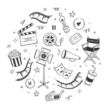 Cinema doodle, movie background. Hand drawn sketch film, cinema element design. Clapperboard, popcorn, film tape doodle vector illustration.のイラスト素材