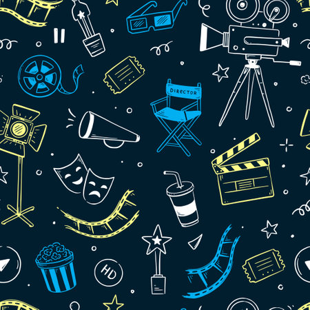 Movie, cinema vector pattern. Doodle hand drawn sketch style movie seamless pattern. Cinema elements for media production, festival, theater background. Vector illustration.のイラスト素材