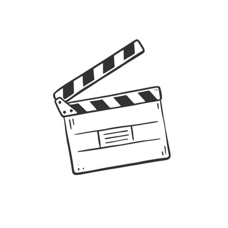 Film clapperboard doodle. Hand drawn sketch action clapper. Movie prodaction element. Vector illustration.のイラスト素材