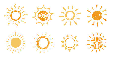 Doodle sun sketch illustration. Hand drawn cute yellow, orange sun set. Scribble doodle children drawn style. Vector illustrationのイラスト素材