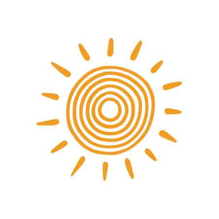 Doodle sun sketch illustration. Hand drawn cute orange sunshine. Scribble doodle children drawn style. Vector illustrationのイラスト素材