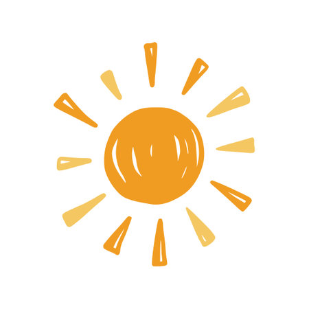 Doodle sun sketch illustration. Hand drawn cute orange sunshine. Scribble doodle children drawn style. Vector illustrationのイラスト素材