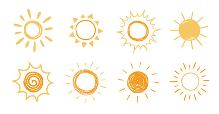 Doodle sun sketch illustration. Hand drawn cute yellow, orange sun set. Scribble doodle children drawn style. Vector illustrationのイラスト素材