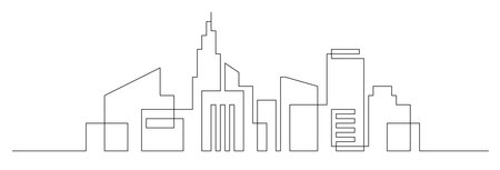Continuous line city building. One single outline cityscape continuous construction. Editable stroke building background. Vector illustration.のイラスト素材
