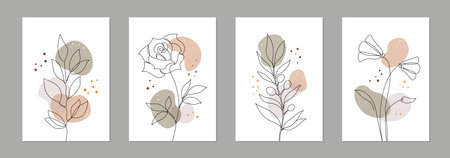 One line art flower poster set. Single continuous line leaf, flower minimal design background. Botanical abstract art for print, wallpaper. Vector illustrationのイラスト素材