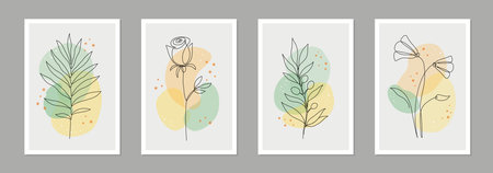 One line art flower poster set. Single continuous line leaf, flower minimal design background. Botanical abstract art for print, wallpaper. Vector illustrationのイラスト素材