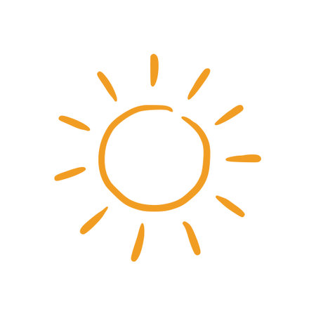 Doodle sun sketch illustration. Hand drawn cute orange sunshine. Scribble doodle children drawn style. Vector illustrationのイラスト素材