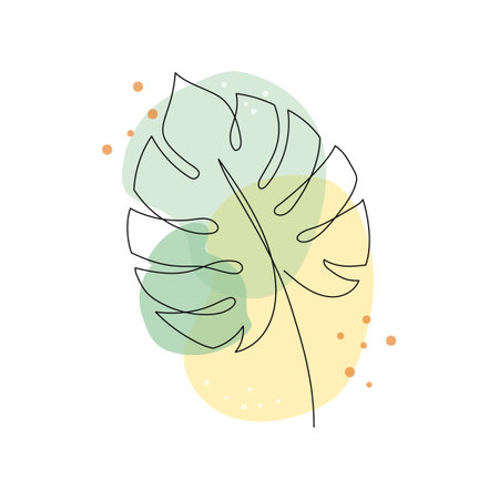 Line art monstera plant leaf. Minimal continuous line monstera foliage drawing illustration. Tropical modern abstract design background. Vector illustration.のイラスト素材