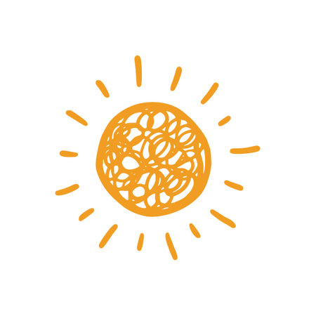 Doodle sun sketch illustration. Hand drawn cute orange sunshine. Scribble doodle children drawn style. Vector illustrationのイラスト素材