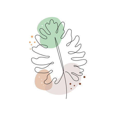 Line art monstera plant leaf. Minimal continuous line monstera foliage drawing illustration. Tropical modern abstract design background. Vector illustration.のイラスト素材