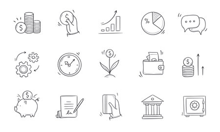 Business doodle icon. Finance, money, investment hand drawn sketch style icon. Money, coin, financial symbol comic doodle drawn collection. Vector illustrationのイラスト素材