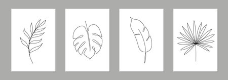 One line art tropical floral leaf poster set. Single continuous line monstera, fern, palm leaf minimal design background. Botanical abstract art for print, wallpaper. Vector illustrationのイラスト素材