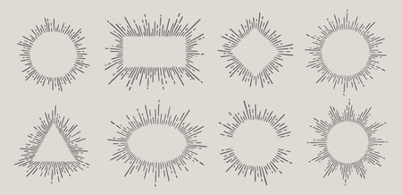 Sunburst ray vintage frame element set. Star burst ray hand drawn shine, hipster badge, logotype circle decoration frame. Vector illustration.のイラスト素材