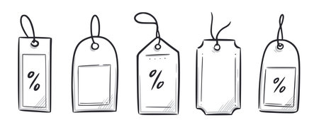 Price tag, gift label doodle element set. Price tag ribbon, discount label hand drawn sketch doodle style. Sale, present offer frame element. Vector illustration.のイラスト素材