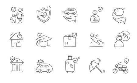 Insurance doodle icon set. Hand drawn sketch life shield, insurance umbrella, medical safety icon set. Health safety, car accident, house protect vector illustration.のイラスト素材