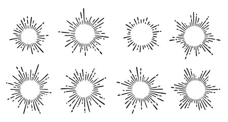 Sunburst ray vintage frame element set. Star burst ray hand drawn shine, hipster badge, logotype circle decoration frame. Vector illustration.のイラスト素材