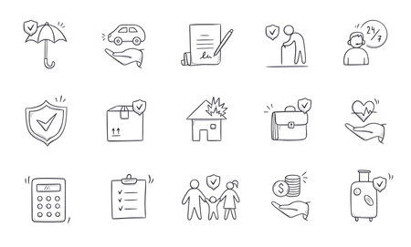 Insurance doodle icon set. Hand drawn sketch life shield, insurance umbrella, medical safety icon set. Health safety, car accident, house protect vector illustration.のイラスト素材